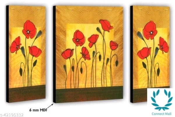 RM Style set of 3 pieces Flowers UV wall Decor & Gifting painting  - Wood, Pack of1